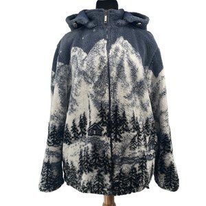 Ego collection zip up hoodie Sherpa warm mountain cottage scene sz lg
